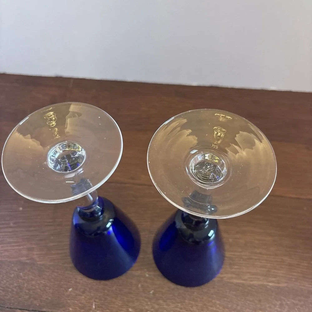 Vintage Hand Blown Cobalt Blue With Clear Stem  Water Wine Glass Set Of‎ 2